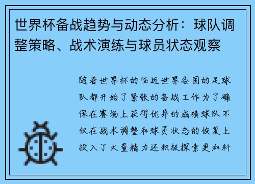 世界杯备战趋势与动态分析：球队调整策略、战术演练与球员状态观察